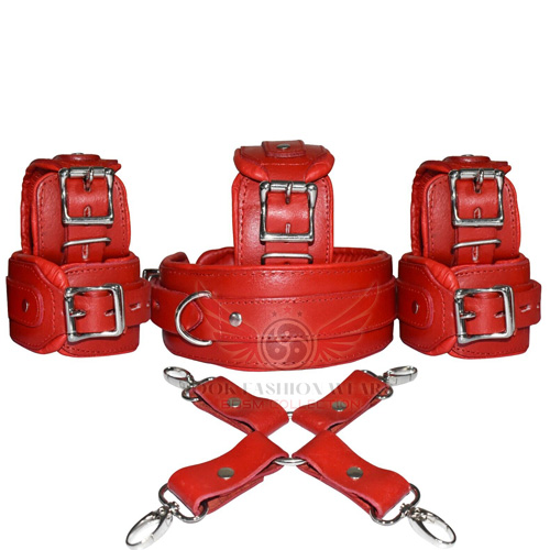 Real Cowhide Red Leather Bondage Restraints 7 Pieces Set