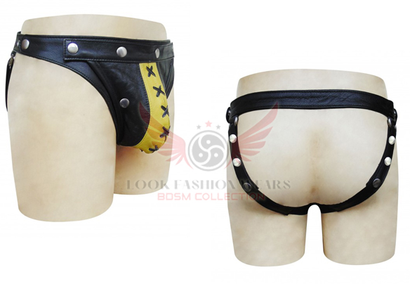 Black Leather Jockstrap with lace up on front-Yellow stripe