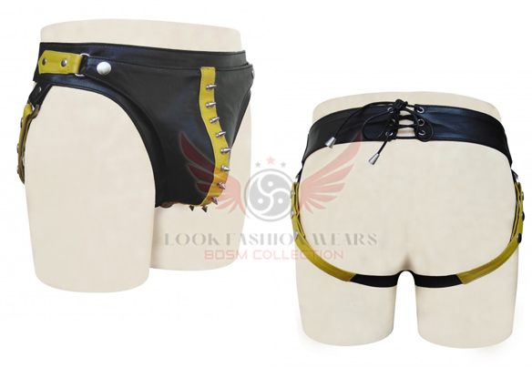 Black Leather Jockstrap with yellow stripe metal stud