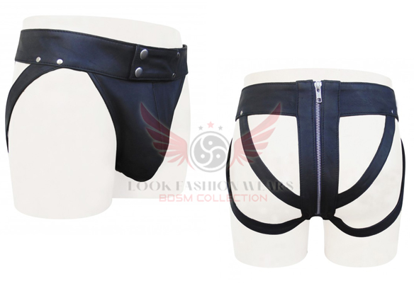 Black Leather Jockstrap with zipper on Back