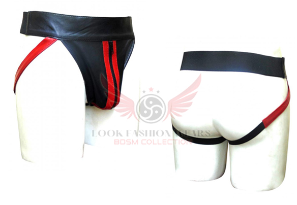 Black leather jock with red stripes