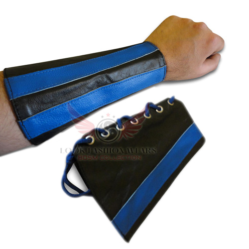 Blue Stripes Genuine Cow Leather Gauntlet Cuff Wristband Arm Band