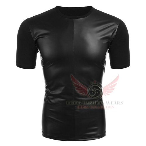 Club wear Black Faux Leather Short Sleeve T-Shirt