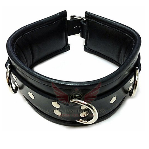 Cowhide Black Leather Padded Neck Collar with 3 D Rings