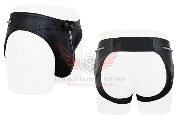 Genuine Black Leather Jockstrap with back zip pocket