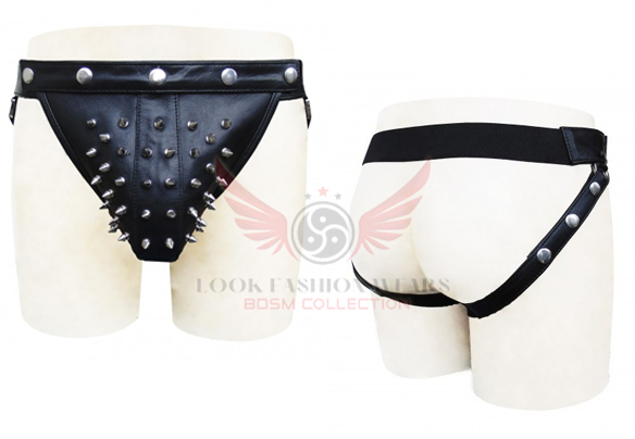 Genuine Black Leather Jockstrap with stud on front Pouch