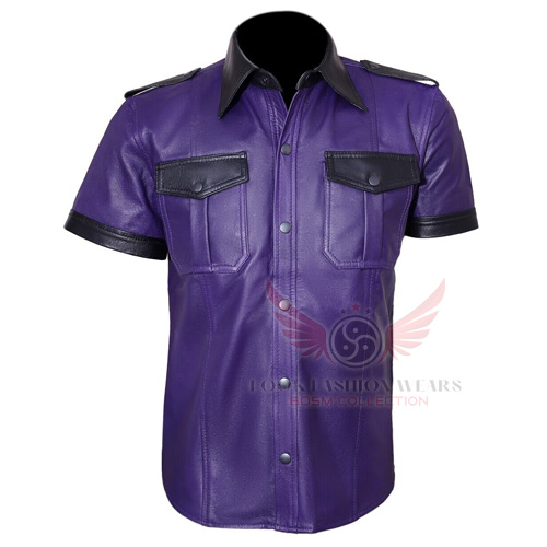 Genuine Purple Leather Police Uniform Shirt