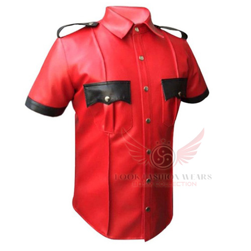 Genuine Red Leather Police Uniform Shirt