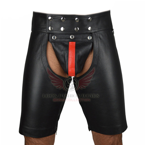 Men Black Leather Chaps Shorts