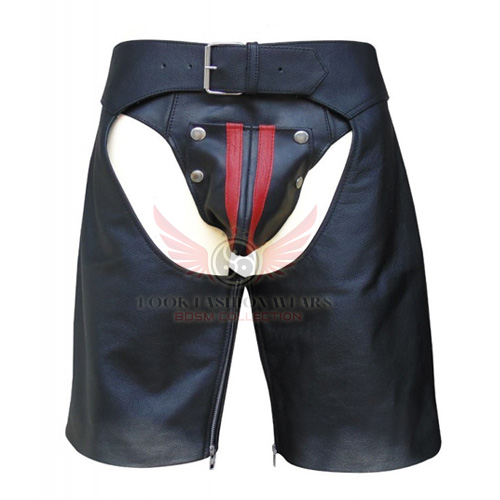 Men Black Leather Chaps Shorts