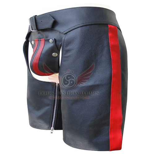 Men Leather Chaps Shorts with Colour Stripe