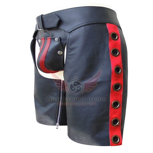 Men Leather Chaps Shorts with Colour Stripe and Eyelets