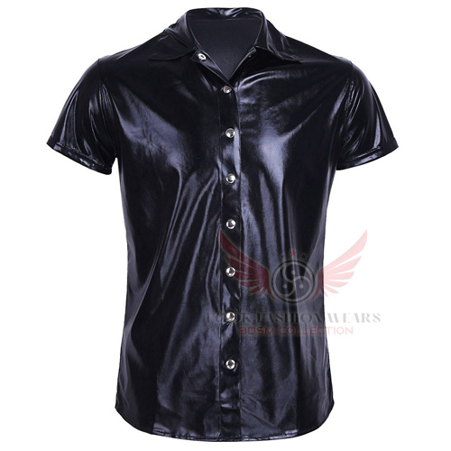 Men Shiny Faux Patent Leather Short Sleeve Shirt