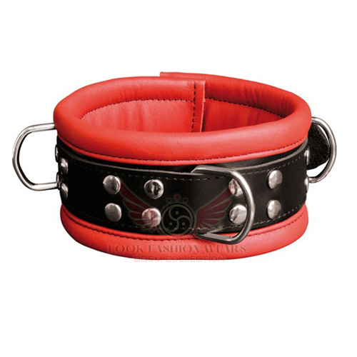 Padded Neck Red & Black Leather Collar with 3 D Rings