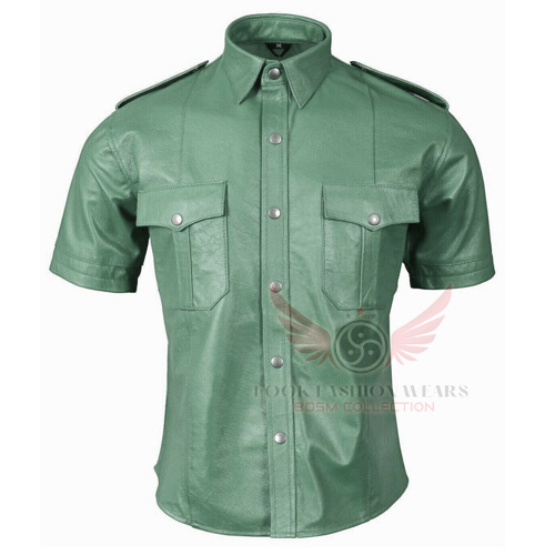 Real Leather Police Uniform Green Shirt