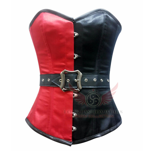 Red & Black Satin Leather Belt Gothic Steampunk Corset