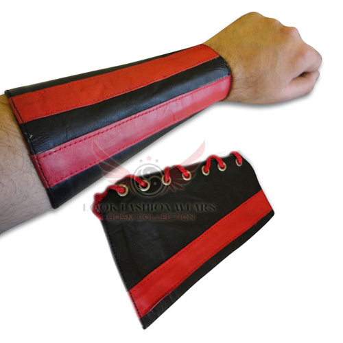 Red Stripes Genuine Cow Leather Gauntlet Cuff Wristband Arm Band