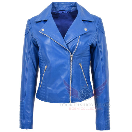 Blue Leather Cross Zip Jacket