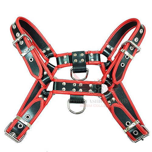 Leather Front Chest Harness with Red Piping