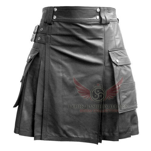 Mens Black Leather Gladiator Pleated Utility Kilt