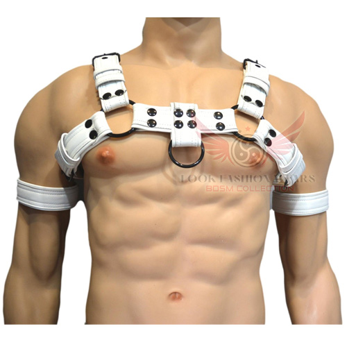 Men's Bulldog White Leather Chest Body Harness