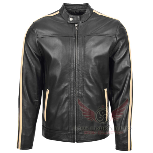 Men’s Leather Biker Jacket with Racing Stripes