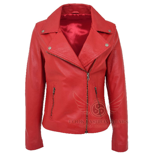 Red Leather Cross Zip Jacket