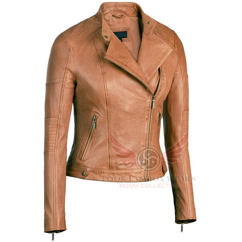 Women’s Tan Leather Cross Zip Jacket