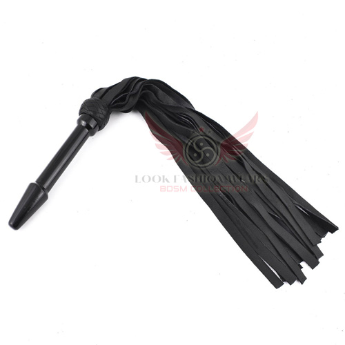 100% Genuine Cowhide Black Leather Flogger with Solid Wooden Handle