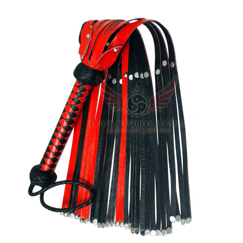 Black & Red Leather Flogger with 25 Studded Tails