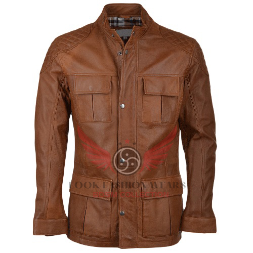 Four Pockets Men Brown Leather Coat