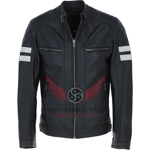 Leather Biker Jacket with Bold Contrasting Stripe